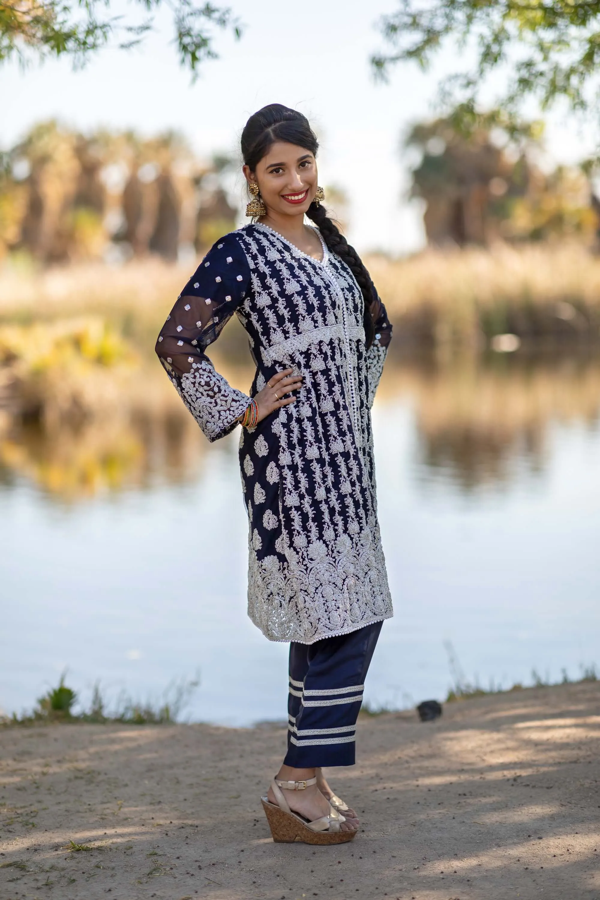 Navy Blue Chiffon Gota Machine Embroidery Shirt and Silk Pant