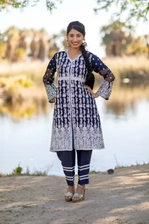 Navy Blue Chiffon Gota Machine Embroidery Shirt and Silk Pant