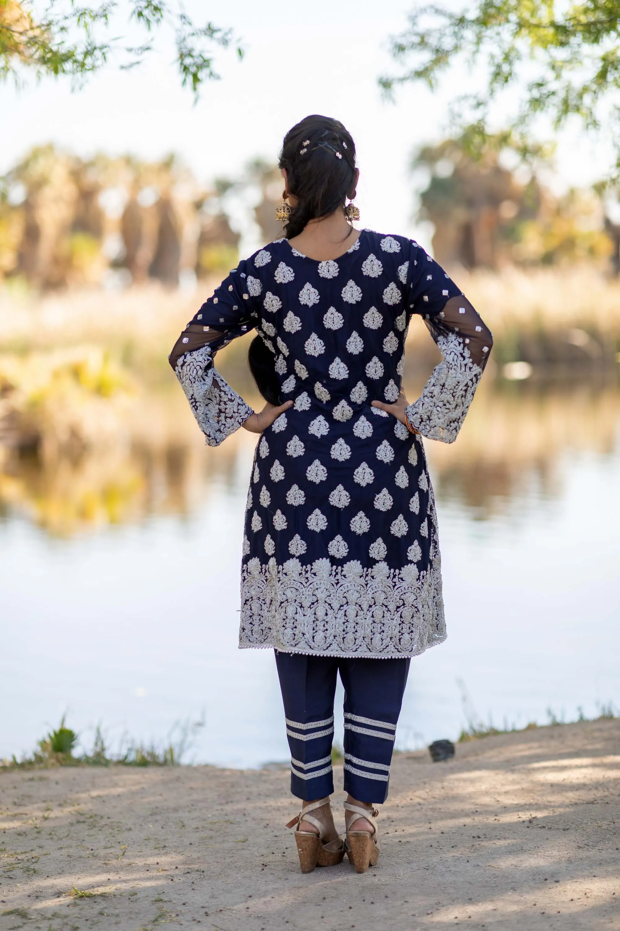 Navy Blue Chiffon Gota Machine Embroidery Shirt and Silk Pant
