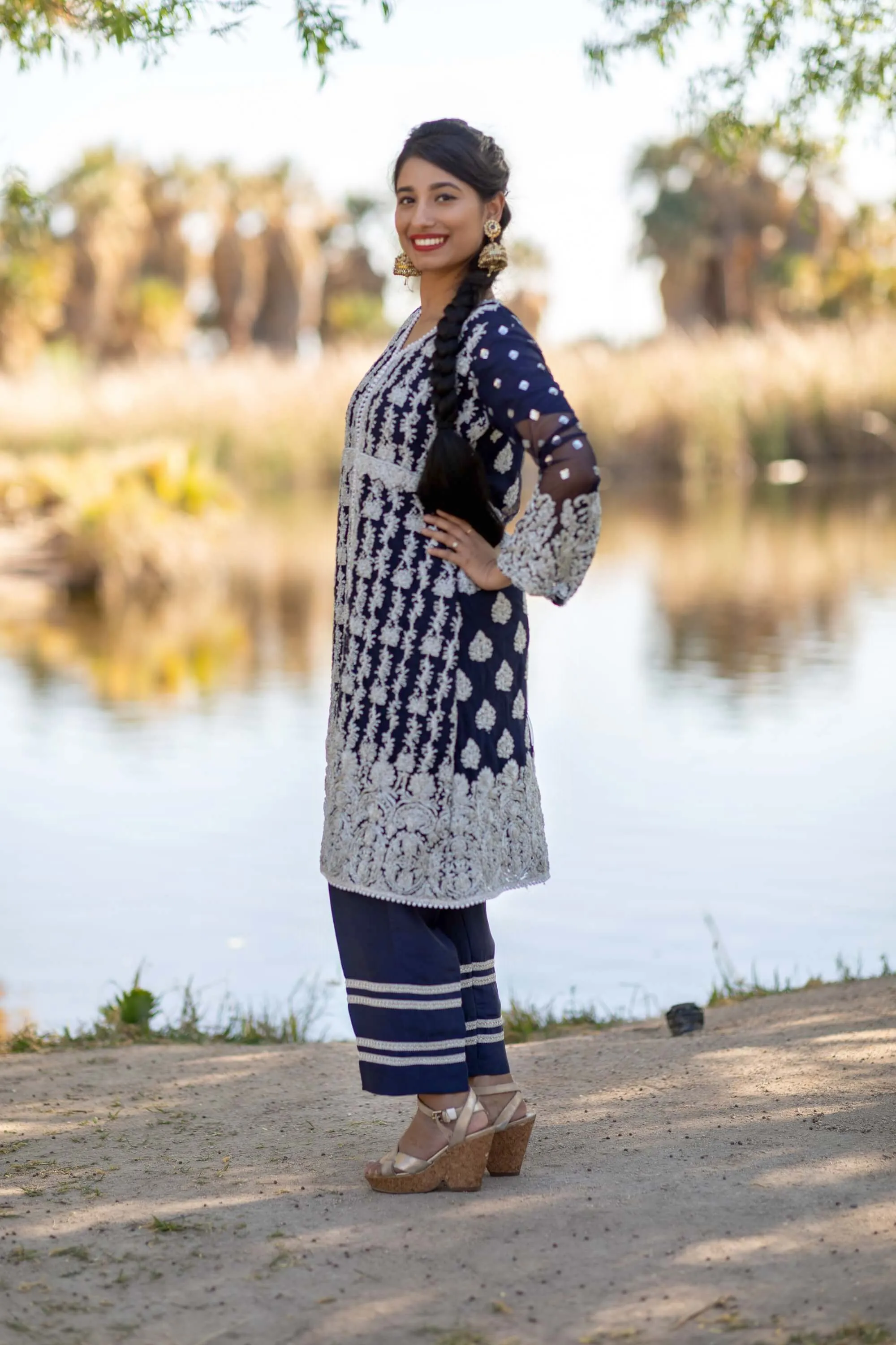 Navy Blue Chiffon Gota Machine Embroidery Shirt and Silk Pant