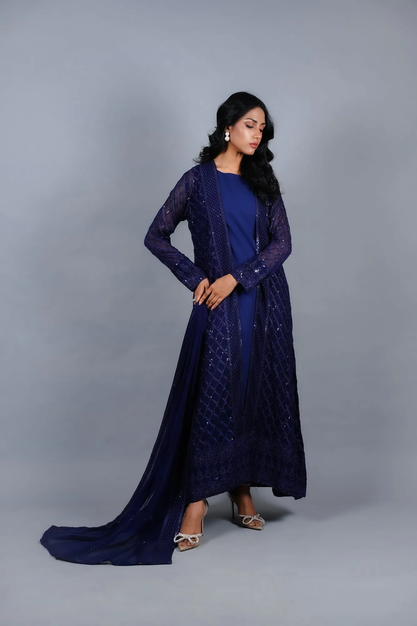 Navy Blue Embroidered Chiffon Gown Set