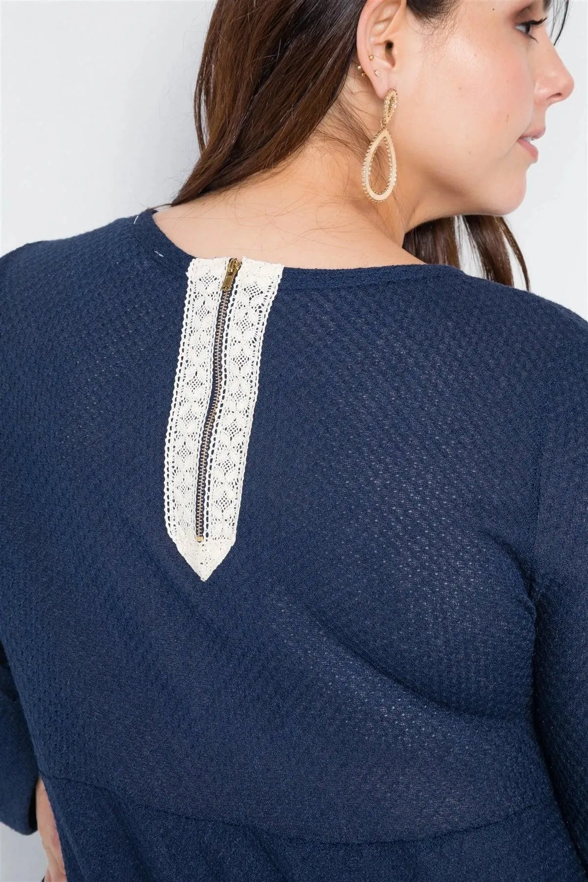 Navy Cream Plus Size Scallop Long Sleeve Top