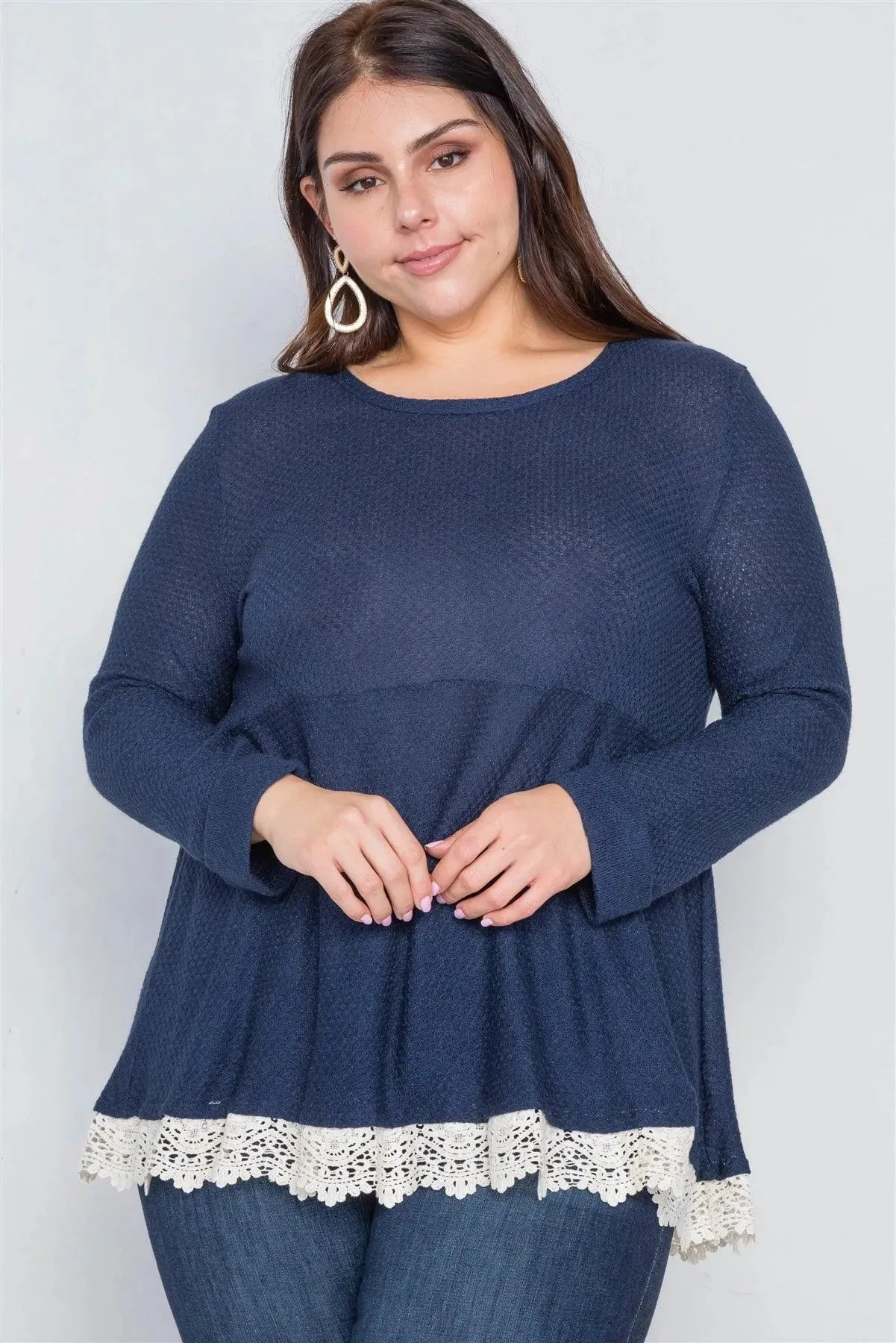 Navy Cream Plus Size Scallop Long Sleeve Top