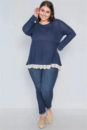 Navy Cream Plus Size Scallop Long Sleeve Top