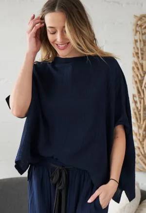 Navy Square Gauze Top