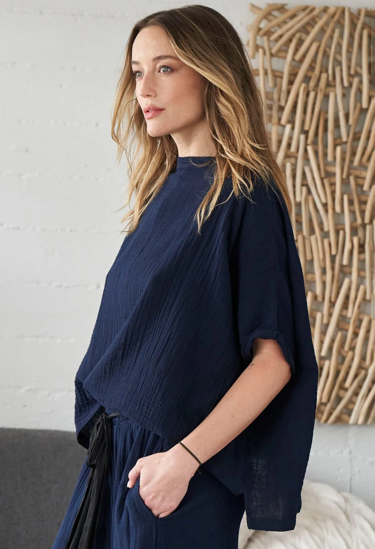 Navy Square Gauze Top