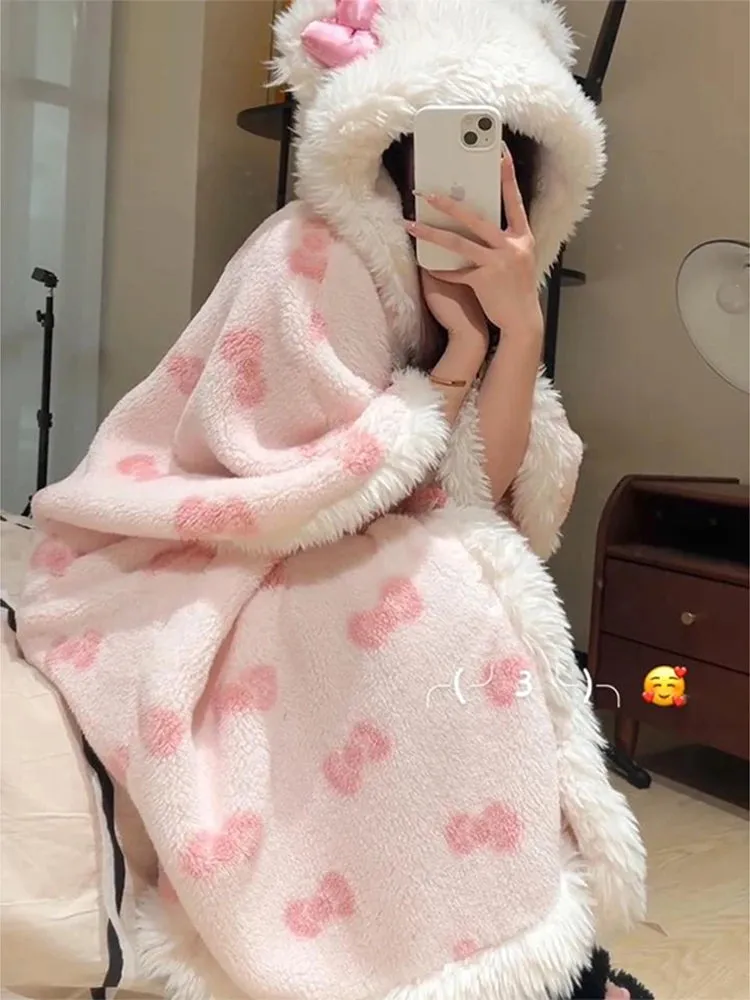 New HelloKitty Cat New Pajamas Women's Coral Velvet Winter Cute Fashion Thickened Warm Cloak Nightgown Loungewear Gift