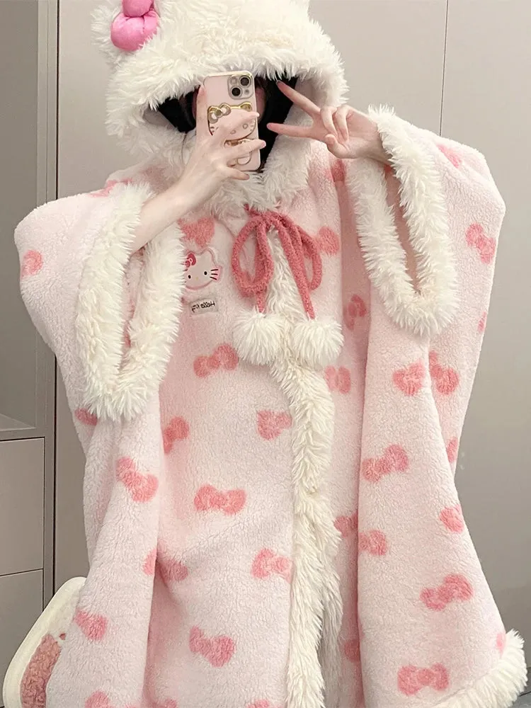 New HelloKitty Cat New Pajamas Women's Coral Velvet Winter Cute Fashion Thickened Warm Cloak Nightgown Loungewear Gift