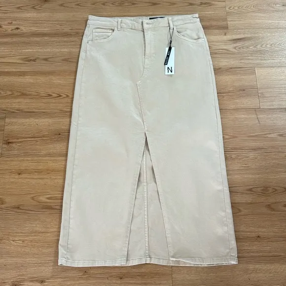 Noisy May Women's Kelly Midi Denim Skirt XL Khaki New Bobo Grunge Neutral