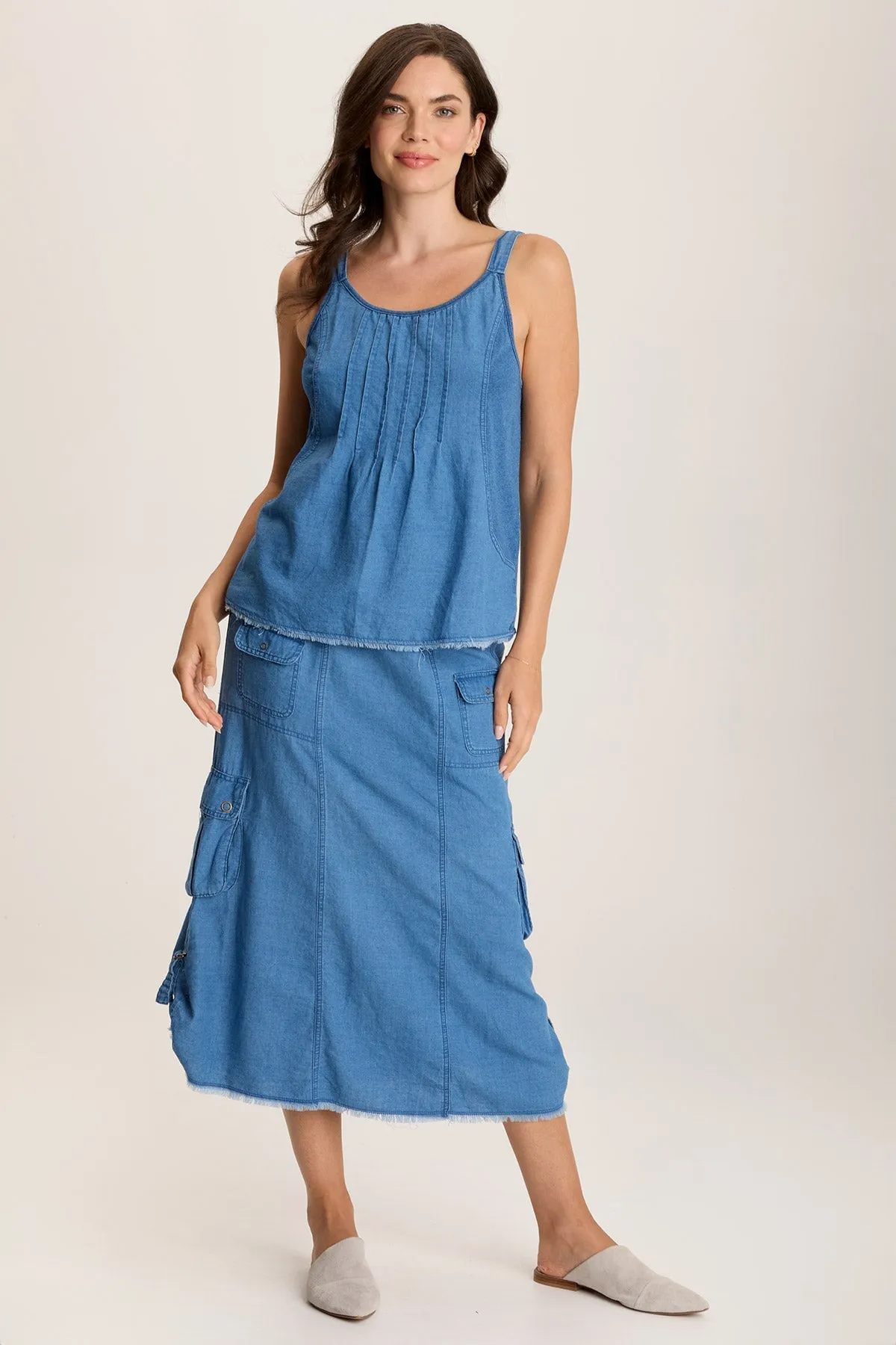 Norelle Flowy Pintuck Mock-Denim Twill Tank