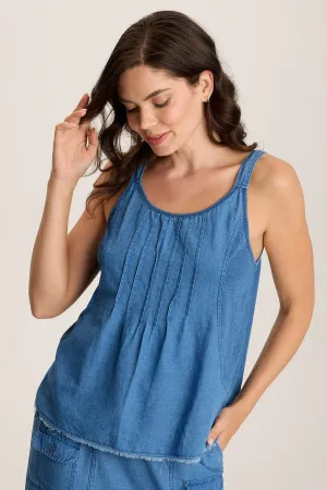 Norelle Flowy Pintuck Mock-Denim Twill Tank