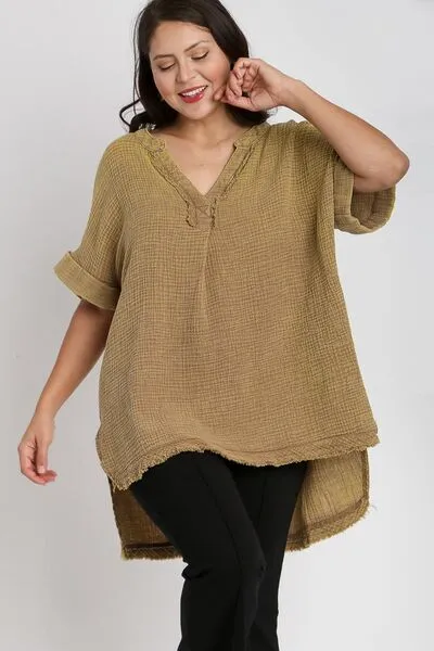 Notched Mineral Wash Gauze Fabric Top