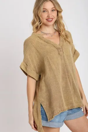 Notched Mineral Wash Gauze Fabric Top