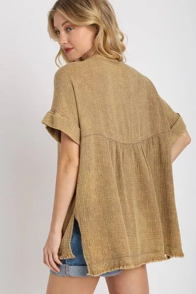 Notched Mineral Wash Gauze Fabric Top