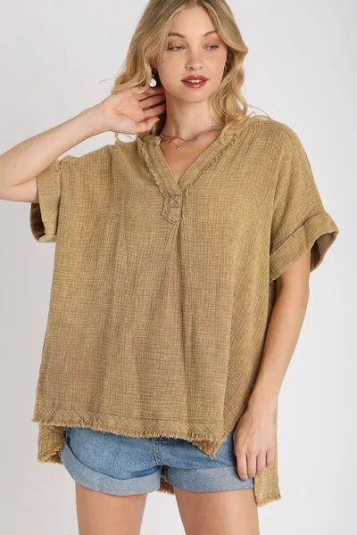 Notched Mineral Wash Gauze Fabric Top