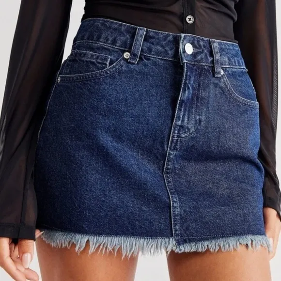 NWT Free People Out of The Ordinary Frayed Denim Mini Skirt Deep Indigo