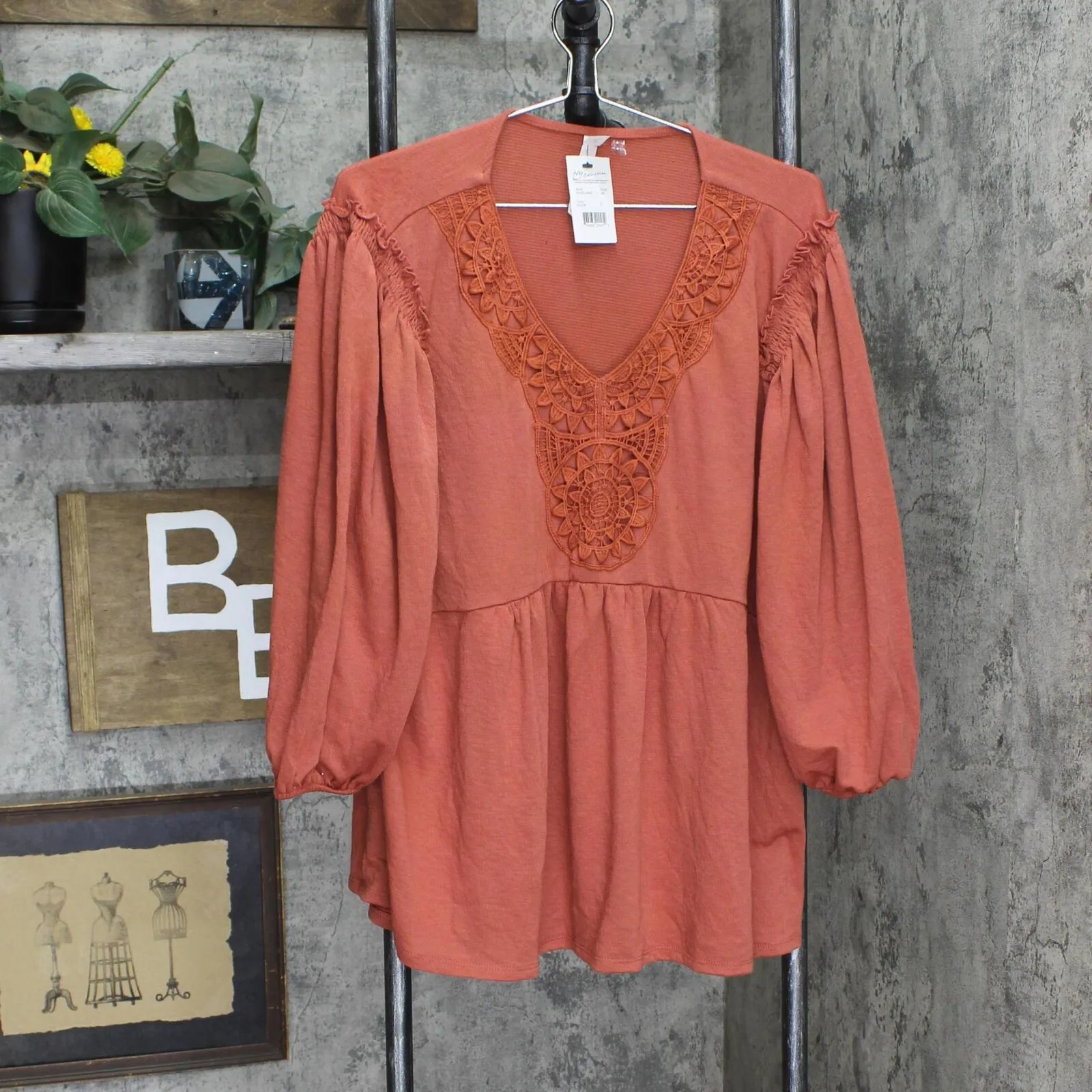 Ny Collection Womens Plus Size 3/4 Sleeve Knit Gauze Top with Crochet WKGU4490