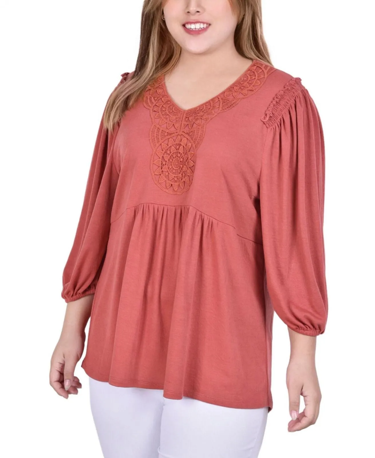 Ny Collection Womens Plus Size 3/4 Sleeve Knit Gauze Top with Crochet WKGU4490