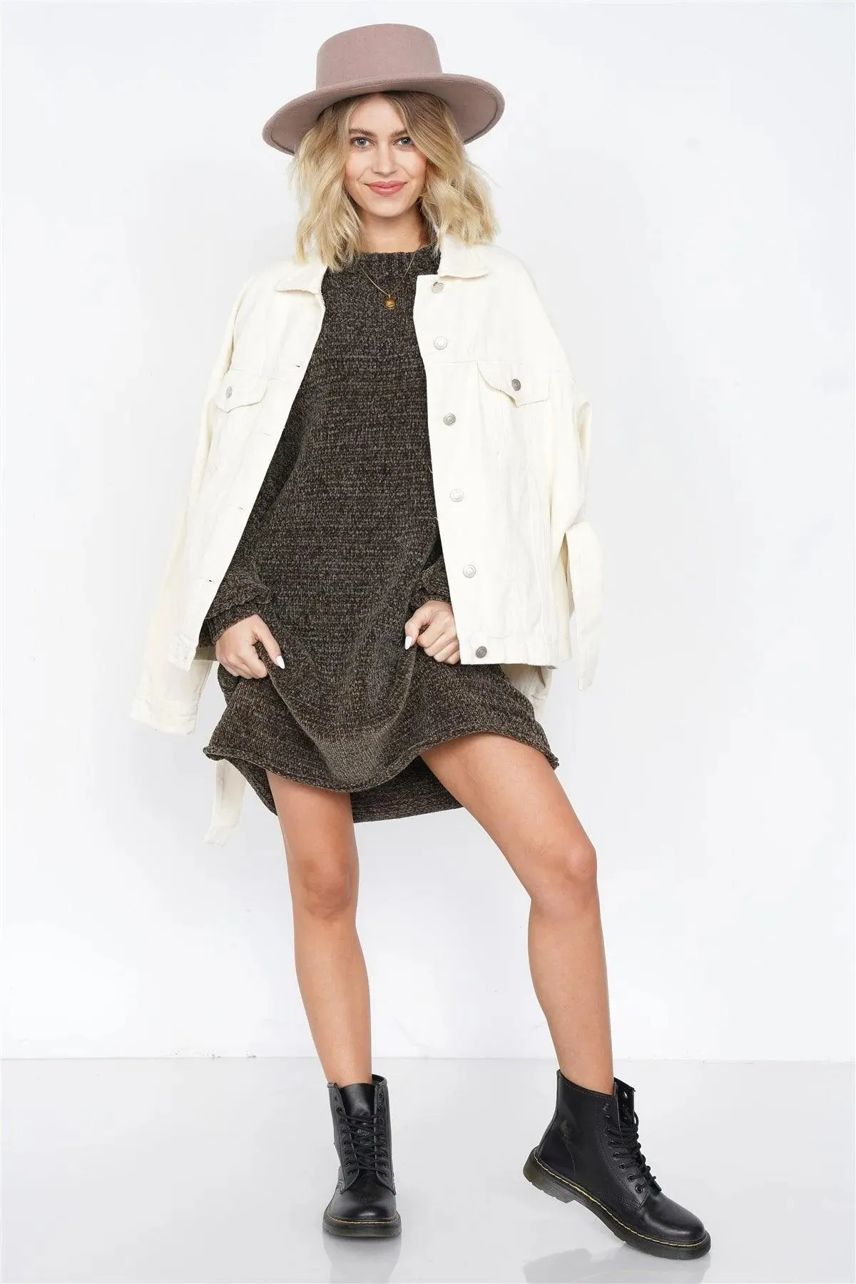 Olive Knit Plush Velvet Puff Sleeve Sweater Mini Dress /3-2-1