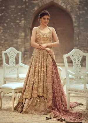 Pakistani Bridal Frock Lehnga in Light Gold Color #C2031