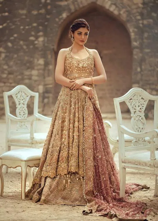 Pakistani Bridal Frock Lehnga in Light Gold Color #C2031