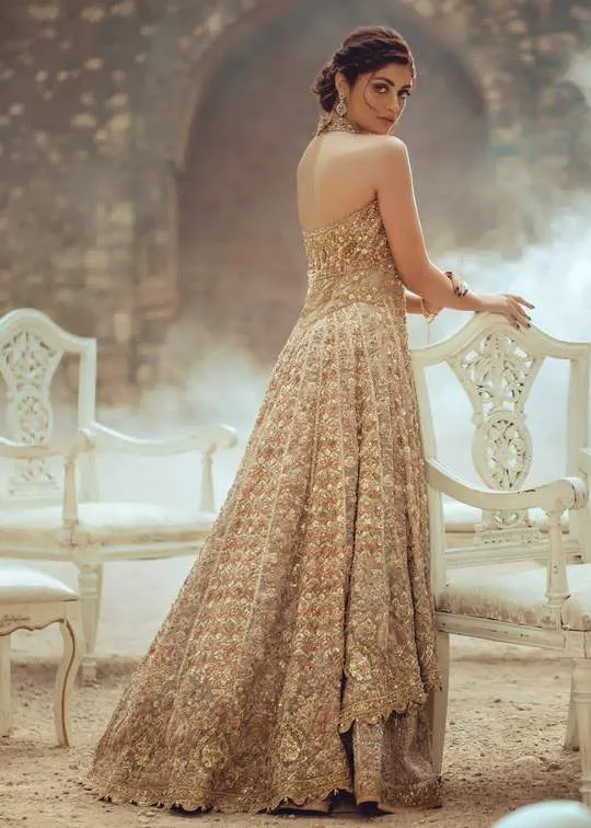 Pakistani Bridal Frock Lehnga in Light Gold Color #C2031