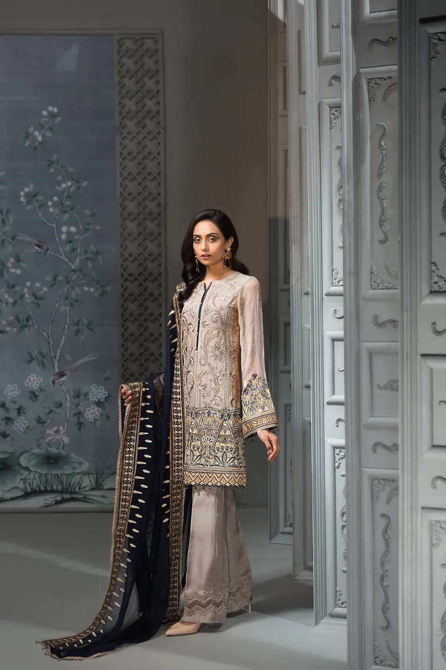Pakistani Embroidered Party Dress in Gery Color #J4347