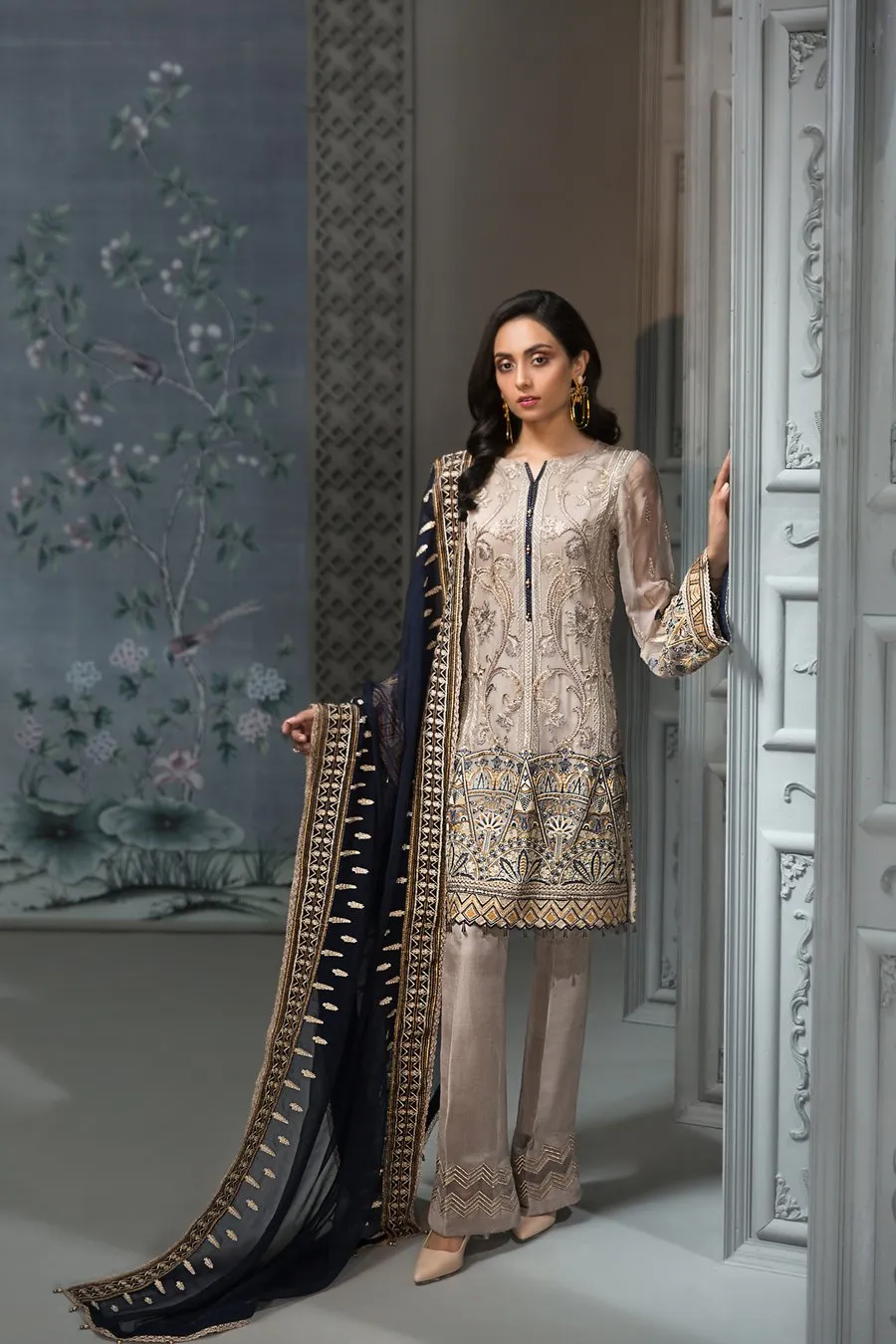 Pakistani Embroidered Party Dress in Gery Color #J4347
