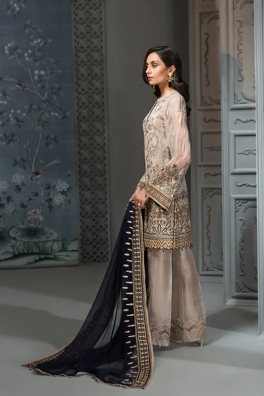 Pakistani Embroidered Party Dress in Gery Color #J4347