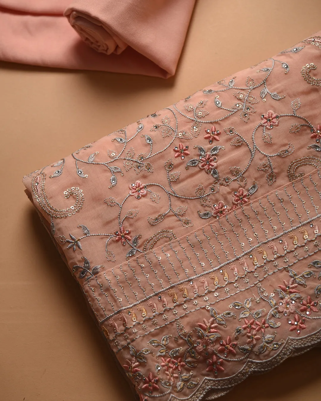 Peach Organza Blend Embroidered Unstitched Suit Fabric Set With Chiffon Dupatta
