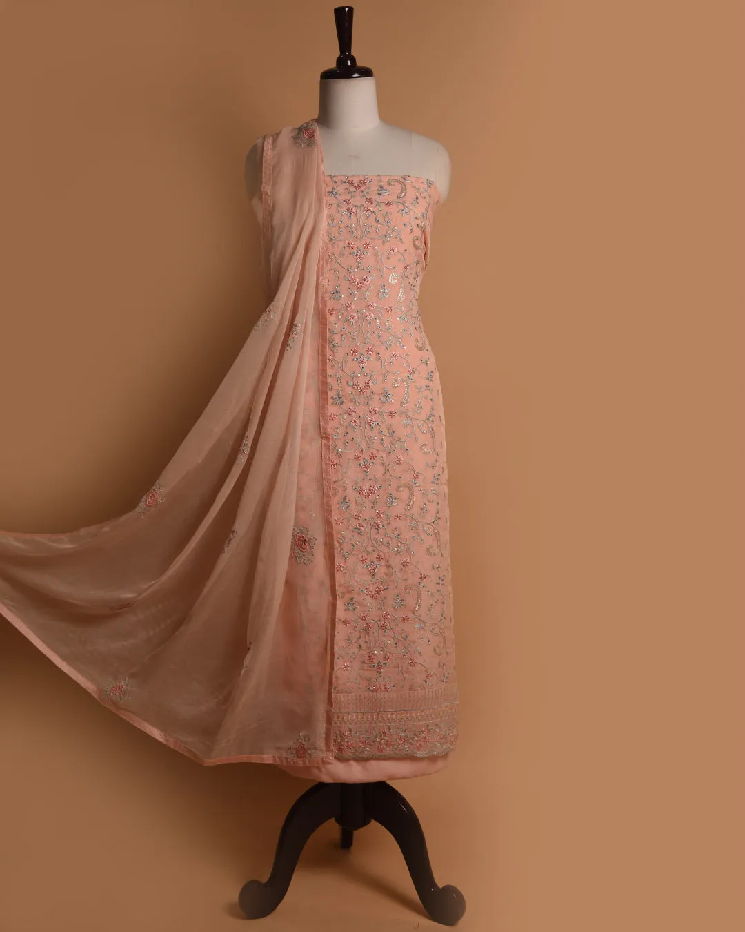 Peach Organza Blend Embroidered Unstitched Suit Fabric Set With Chiffon Dupatta