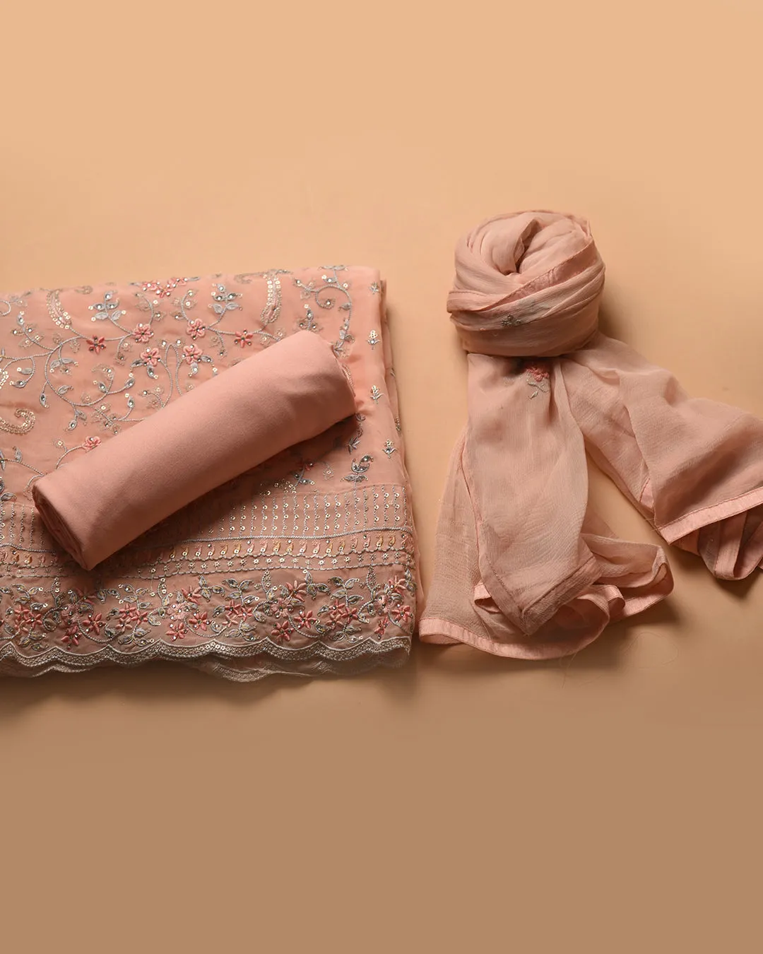Peach Organza Blend Embroidered Unstitched Suit Fabric Set With Chiffon Dupatta