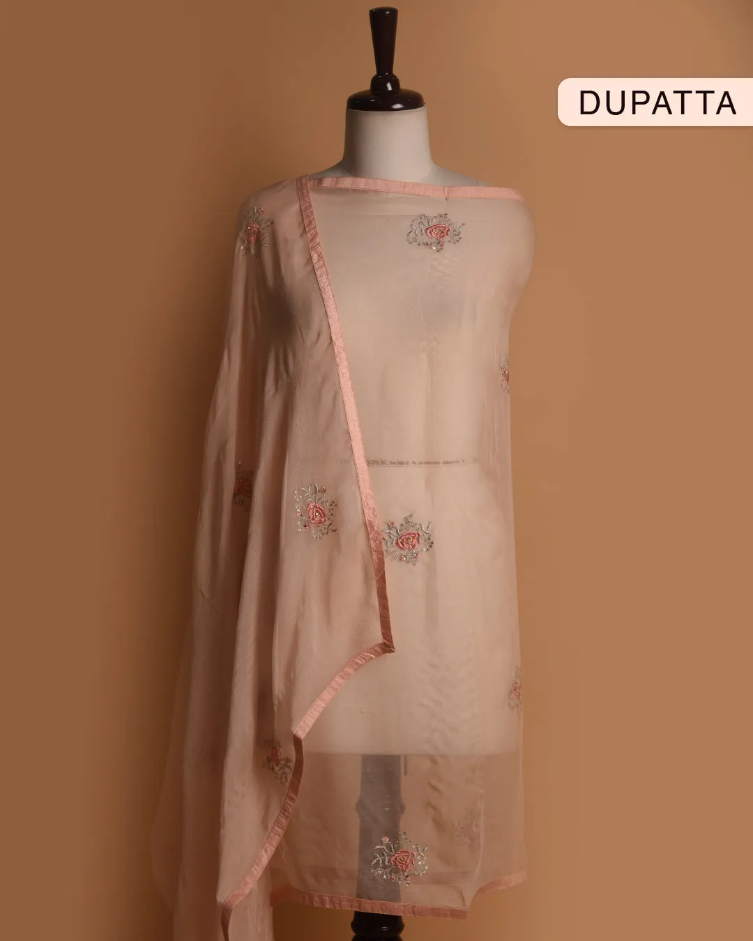 Peach Organza Blend Embroidered Unstitched Suit Fabric Set With Chiffon Dupatta