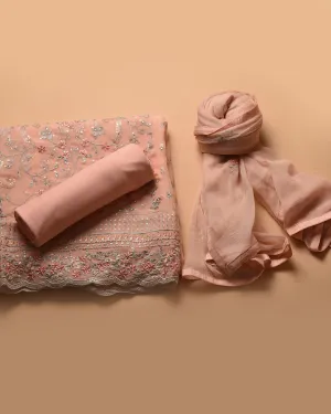 Peach Organza Blend Embroidered Unstitched Suit Fabric Set With Chiffon Dupatta
