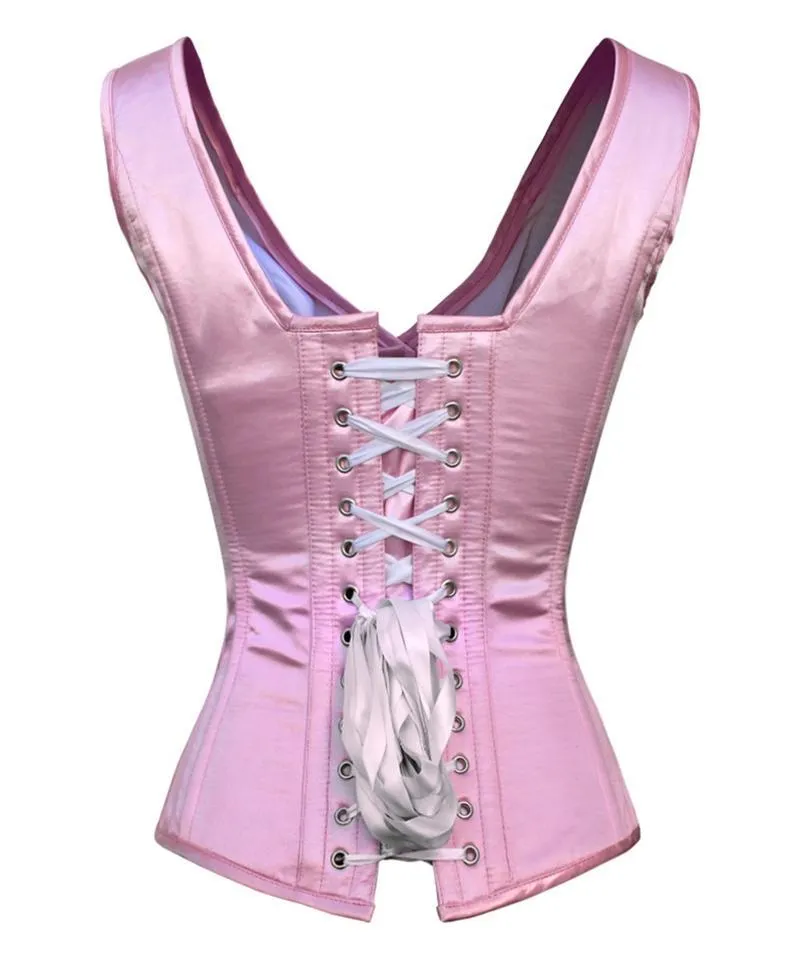 Pelkey Pink Satin Shoulder Straps Overbust Steel Boned Corset