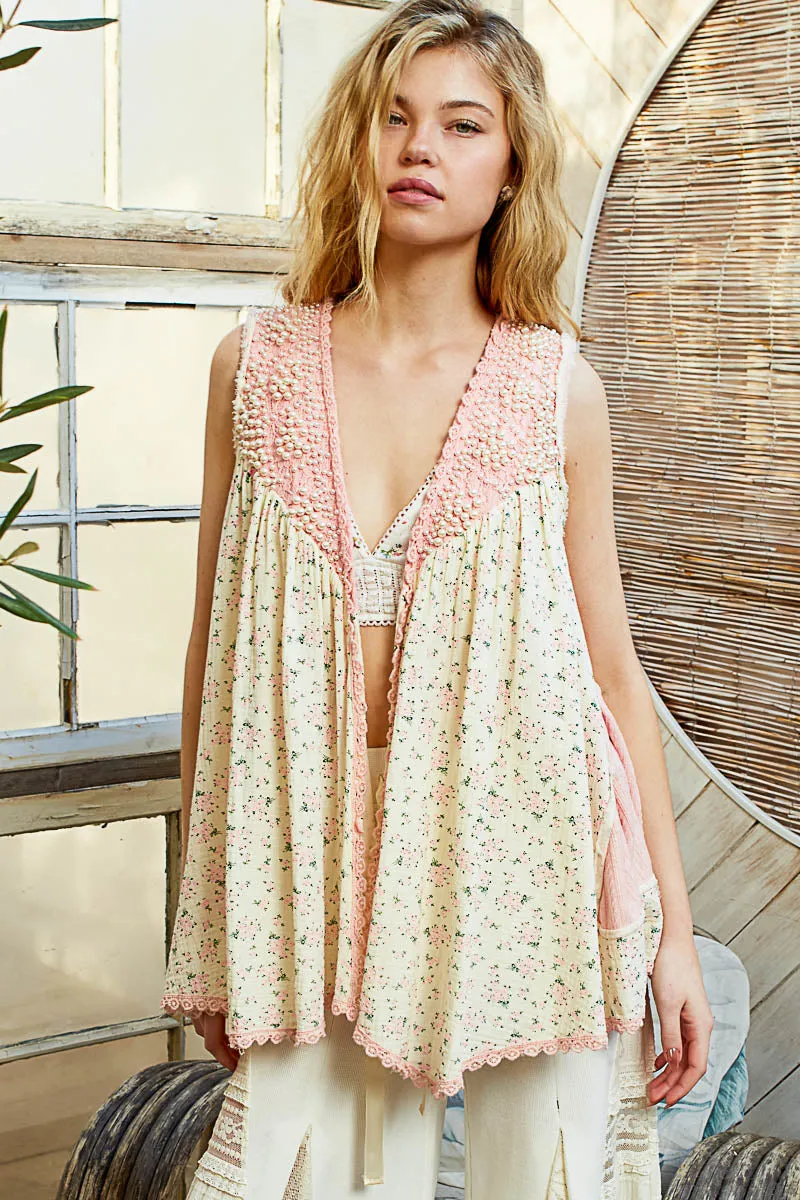 Pink Floral Sleeveless cardigan
