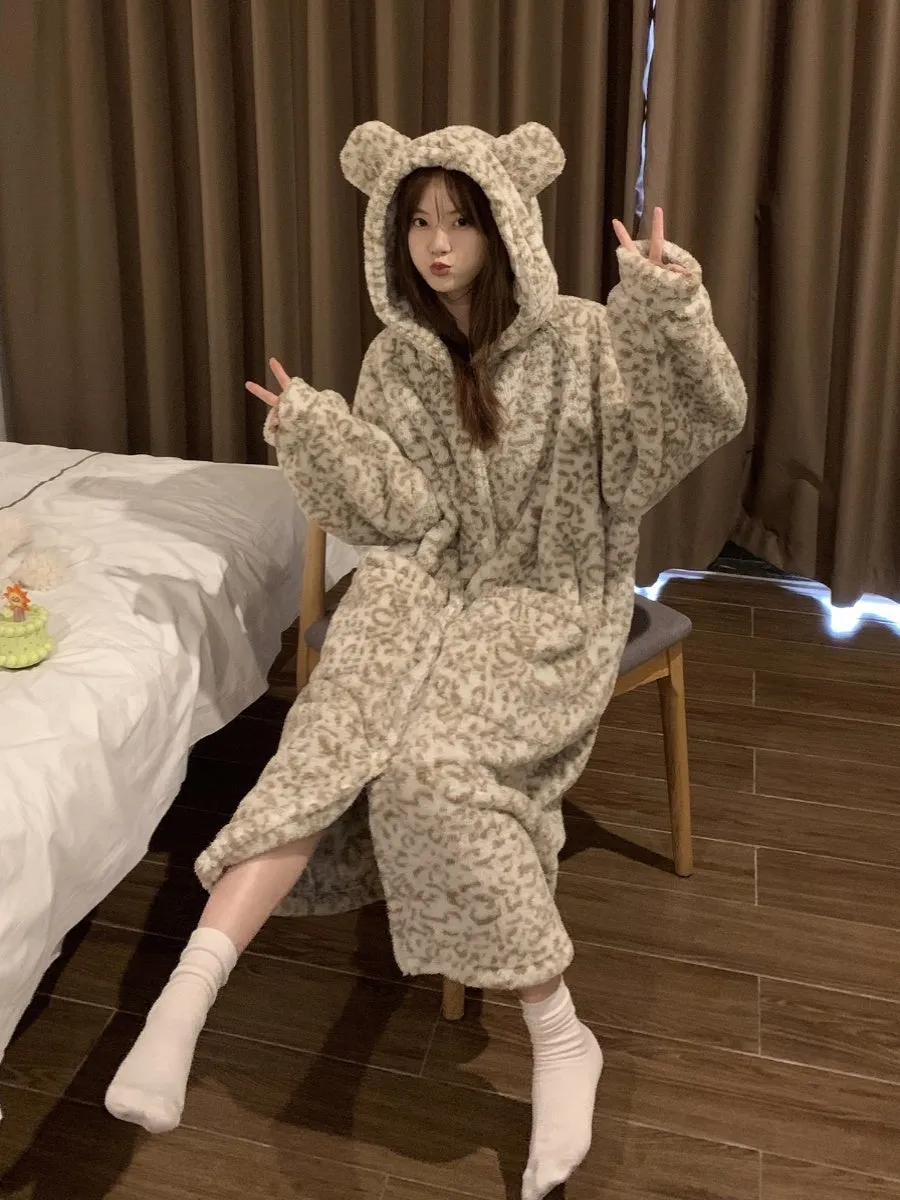 Plus Size Coral Velvet Pajamas Fleece Lined For Women Thick Night-robe