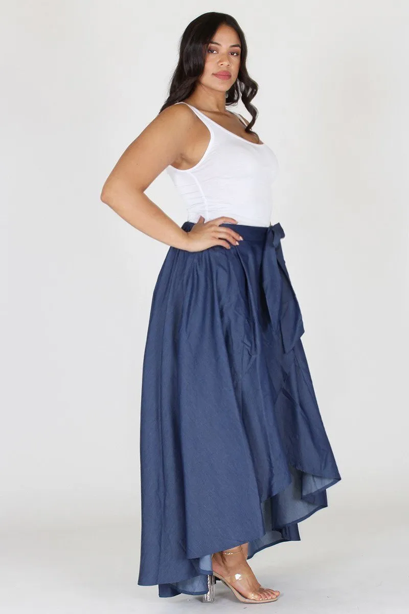 Plus Size Ribbon Tie Denim Drape Skirt