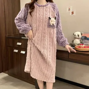 Plus Size Women Winter Nightdress Cartoon Coral Fleece Warm Nightgown Sweet Pajamas Soft Flannel Velvet Home Clothes Sleepdress