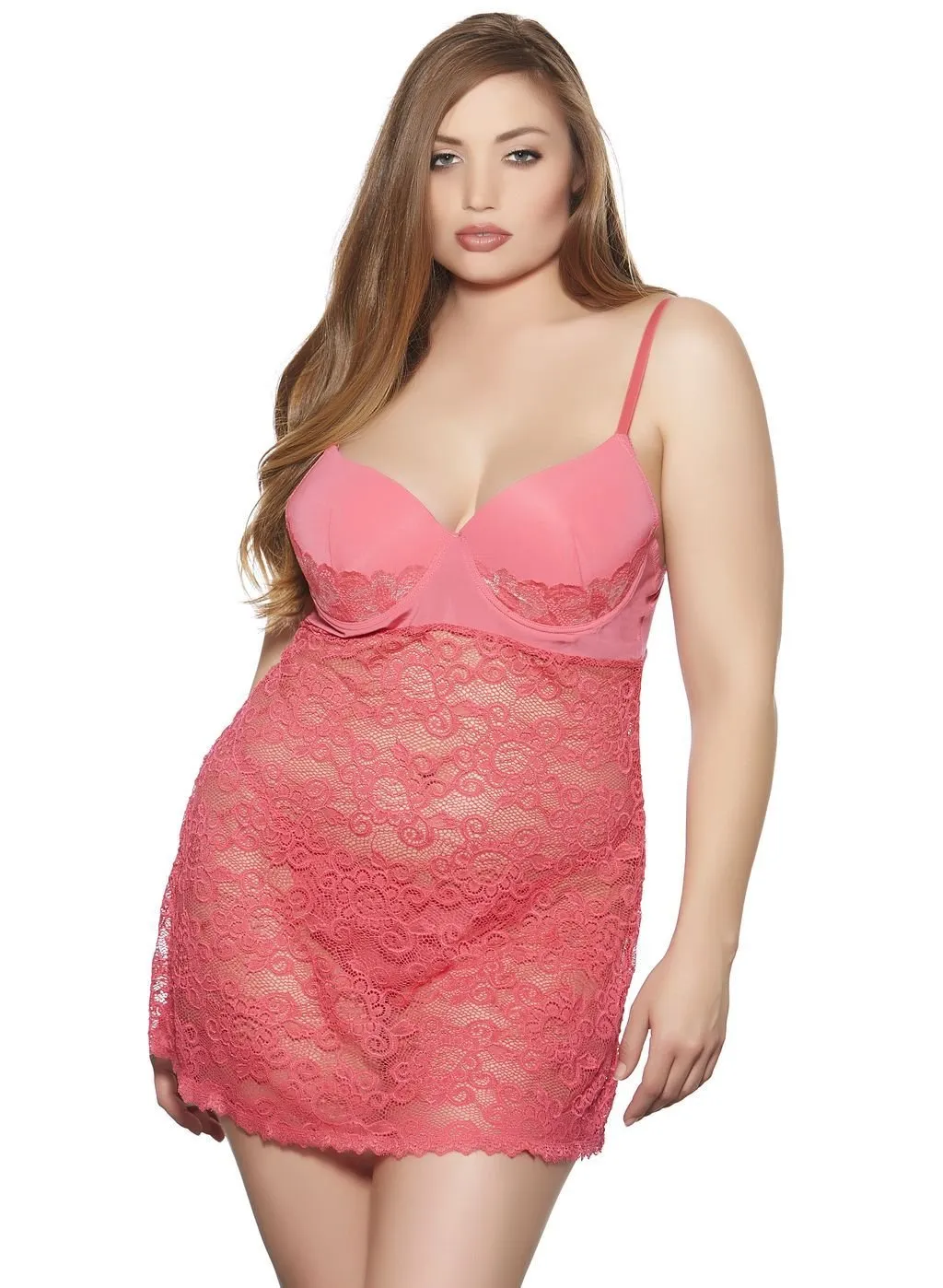 Plus Size Women's Coral Lace Chemise Nightgown and Robe Set