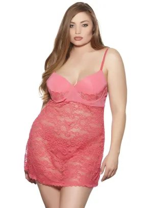 Plus Size Women's Coral Lace Chemise Nightgown and Robe Set