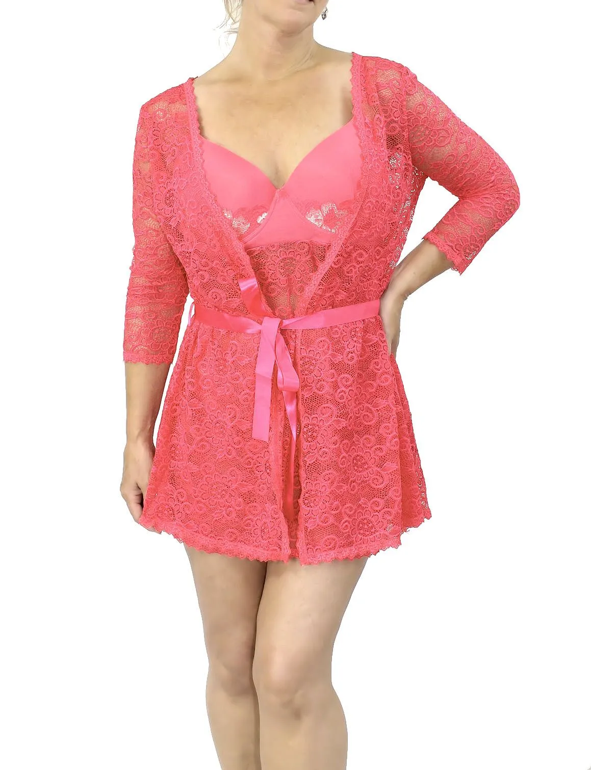 Plus Size Women's Coral Lace Chemise Nightgown and Robe Set