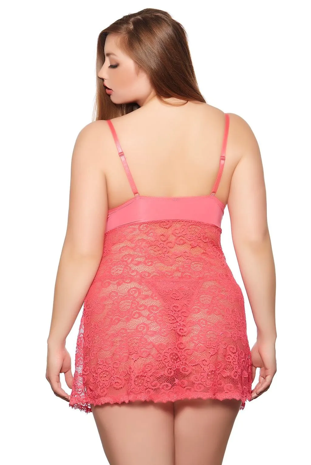 Plus Size Women's Coral Lace Chemise Nightgown and Robe Set