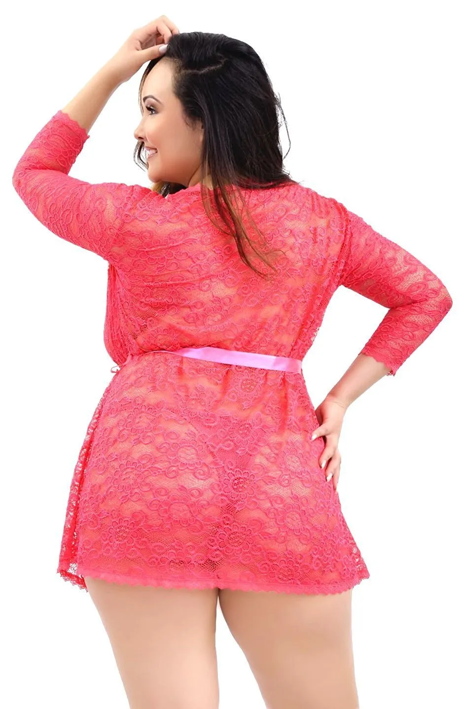 Plus Size Women's Coral Lace Chemise Nightgown and Robe Set