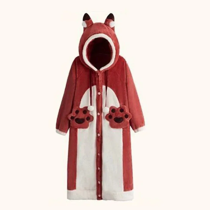 Plush Fleece Nightgown for Women – Winter Warm Casual Hooded Nightdress, Cute Anime Fox Cosplay Suit, Flannel Pajamas for Girls
