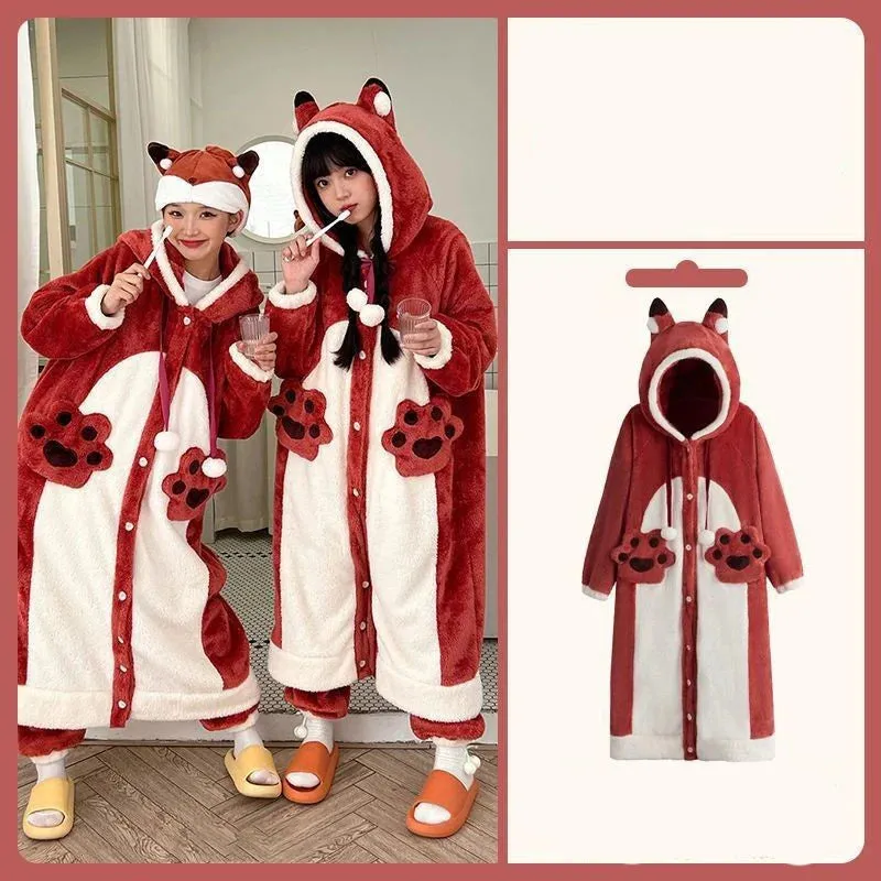 Plush Fleece Nightgown for Women – Winter Warm Casual Hooded Nightdress, Cute Anime Fox Cosplay Suit, Flannel Pajamas for Girls
