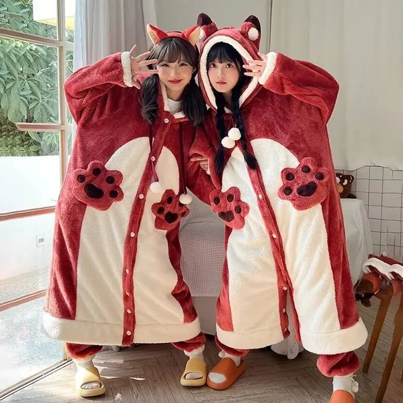 Plush Fleece Nightgown for Women – Winter Warm Casual Hooded Nightdress, Cute Anime Fox Cosplay Suit, Flannel Pajamas for Girls
