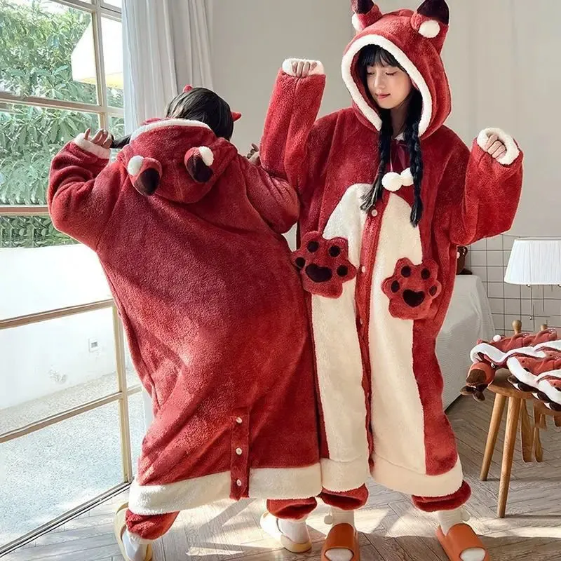 Plush Fleece Nightgown for Women – Winter Warm Casual Hooded Nightdress, Cute Anime Fox Cosplay Suit, Flannel Pajamas for Girls