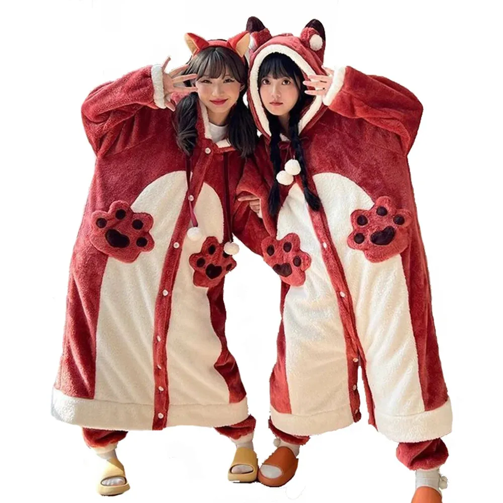 Plush Fleece Nightgown for Women – Winter Warm Casual Hooded Nightdress, Cute Anime Fox Cosplay Suit, Flannel Pajamas for Girls