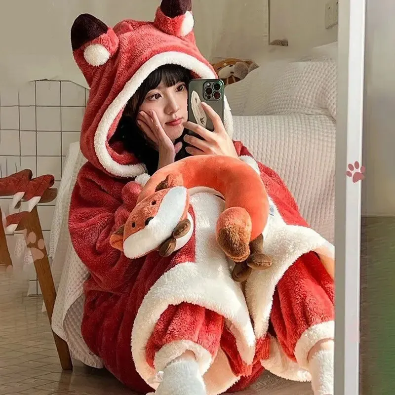 Plush Fleece Nightgown for Women – Winter Warm Casual Hooded Nightdress, Cute Anime Fox Cosplay Suit, Flannel Pajamas for Girls